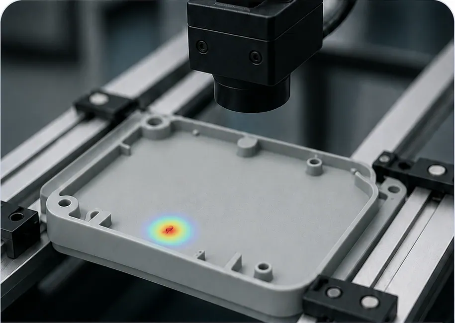 Automated semiconductor inspection equipment in operation.