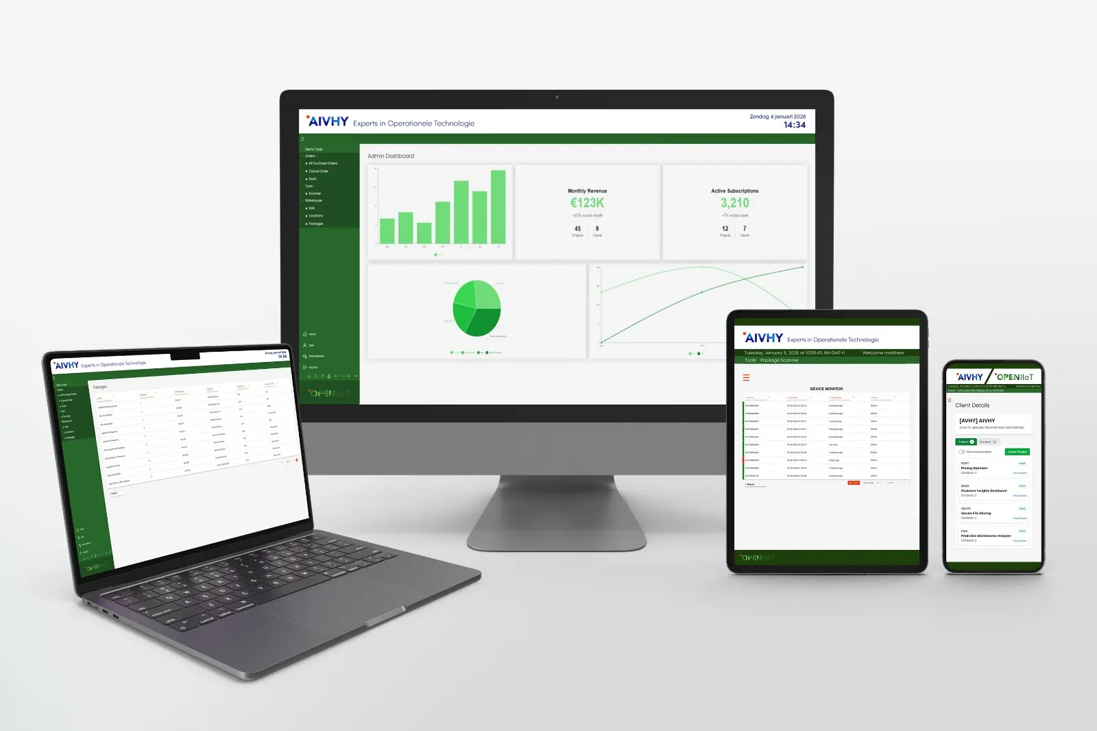 AIVHY BOS product visual displayed across desktop, laptop, tablet, and mobile devices.