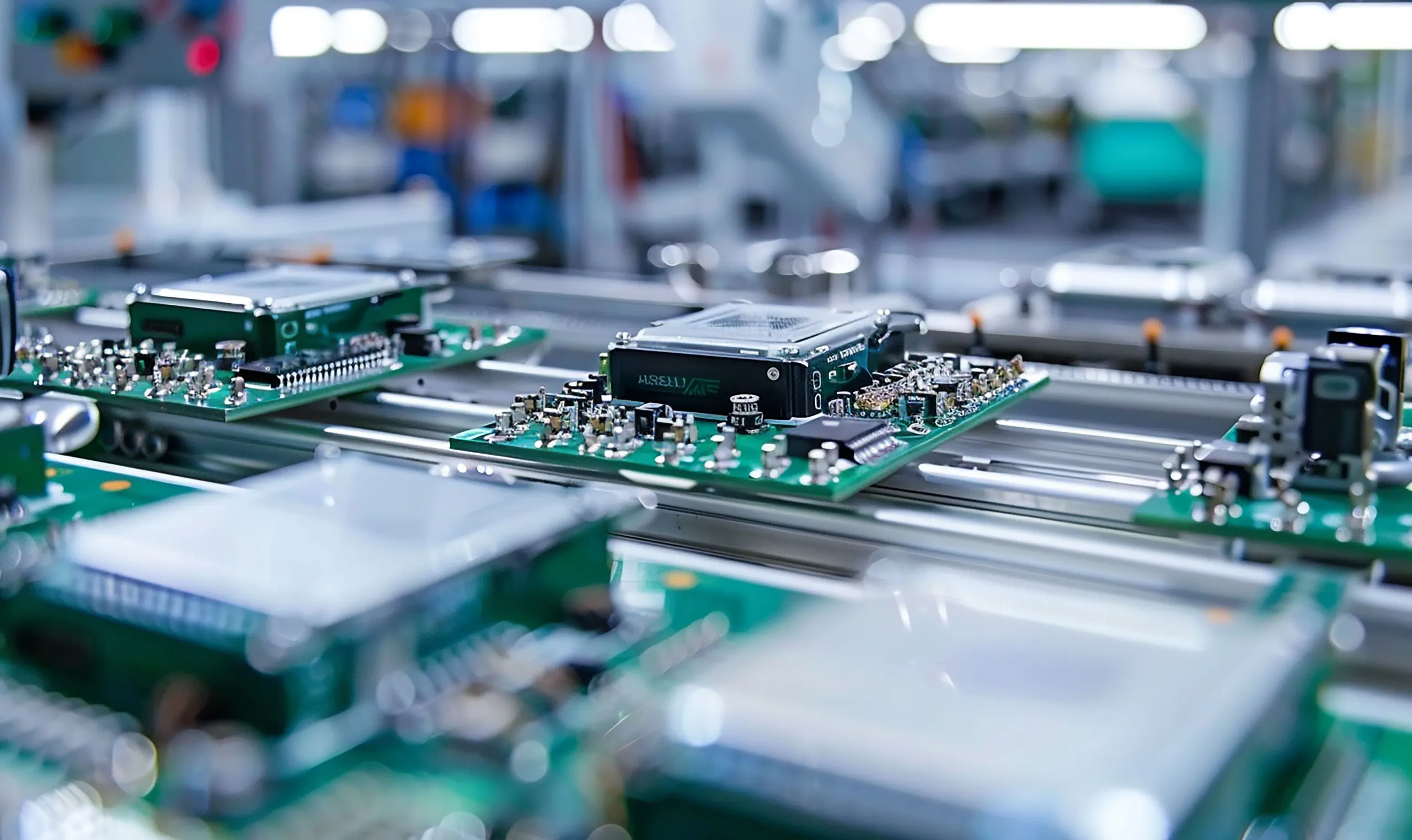 Electronics production boards on an assembly line.