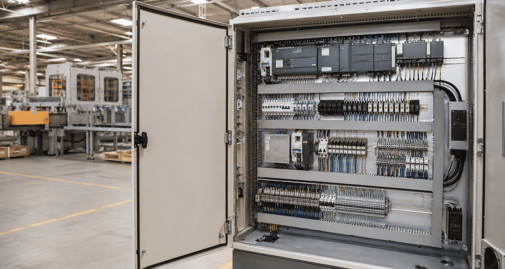 Open industrial control cabinet containing PLCs, relays and electrical connections.