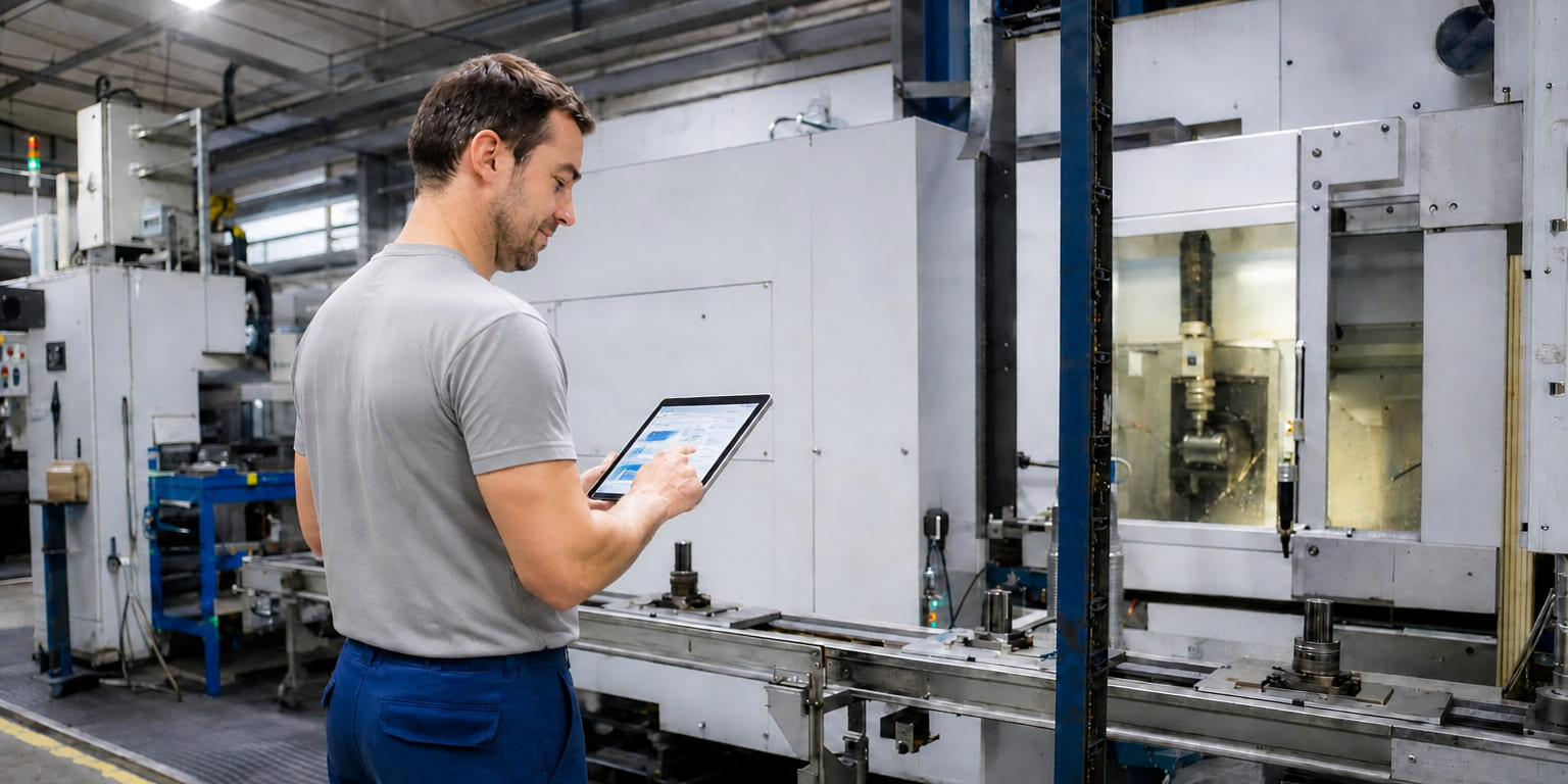 A production employee using a tablet beside industrial manufacturing equipment.