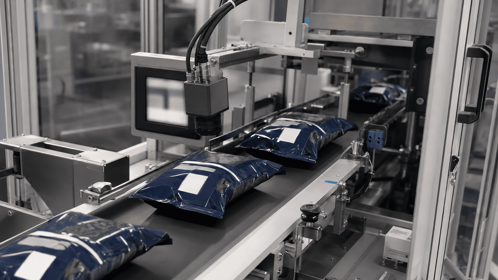 Industrial vision camera checking coded packages as they move along a production line.