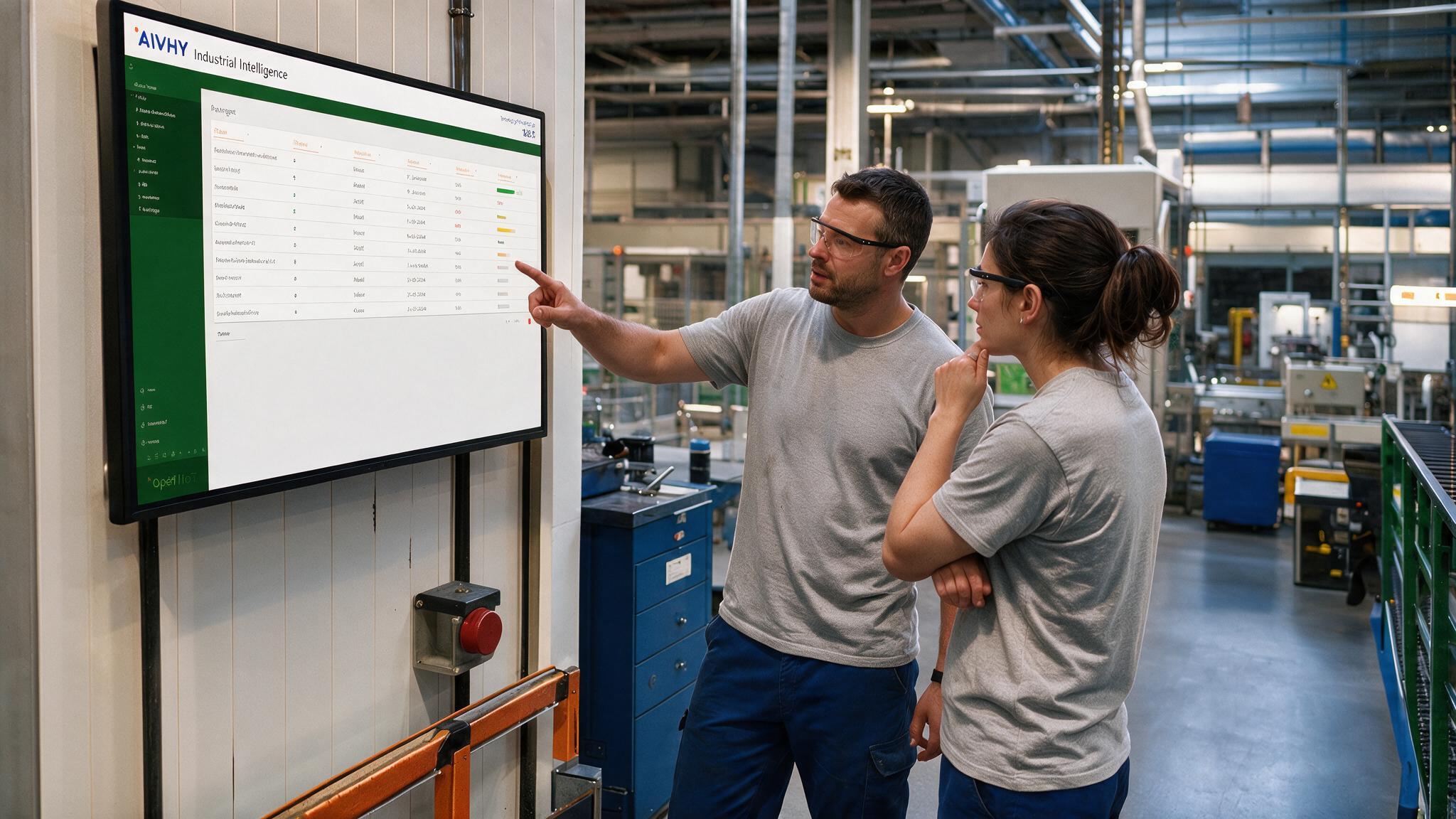 Two production employees reviewing a digital workflow on a factory display.