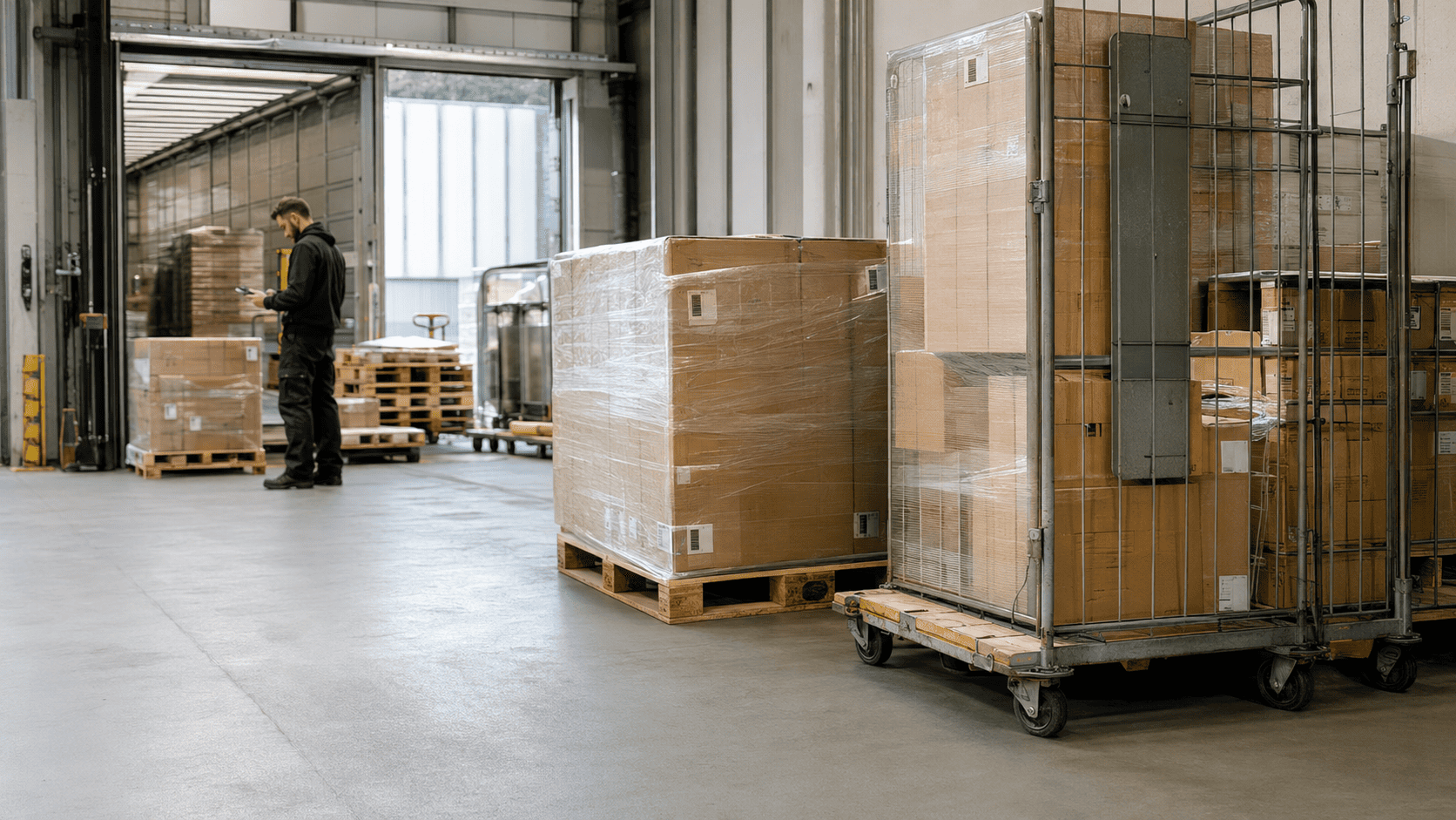 Warehouse employee checking palletised goods in a dispatch area.