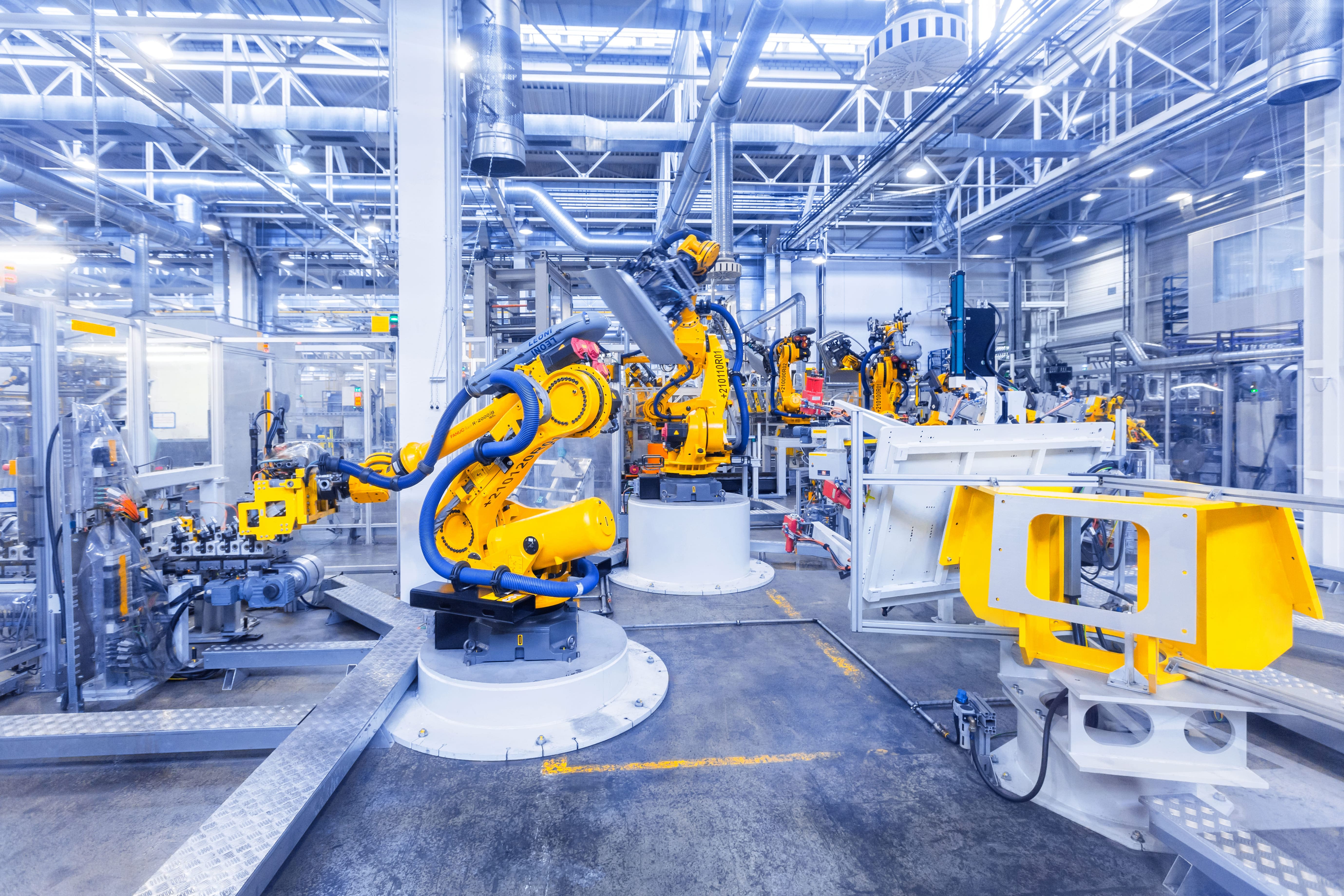 Robotic equipment operating on a custom manufacturing line.