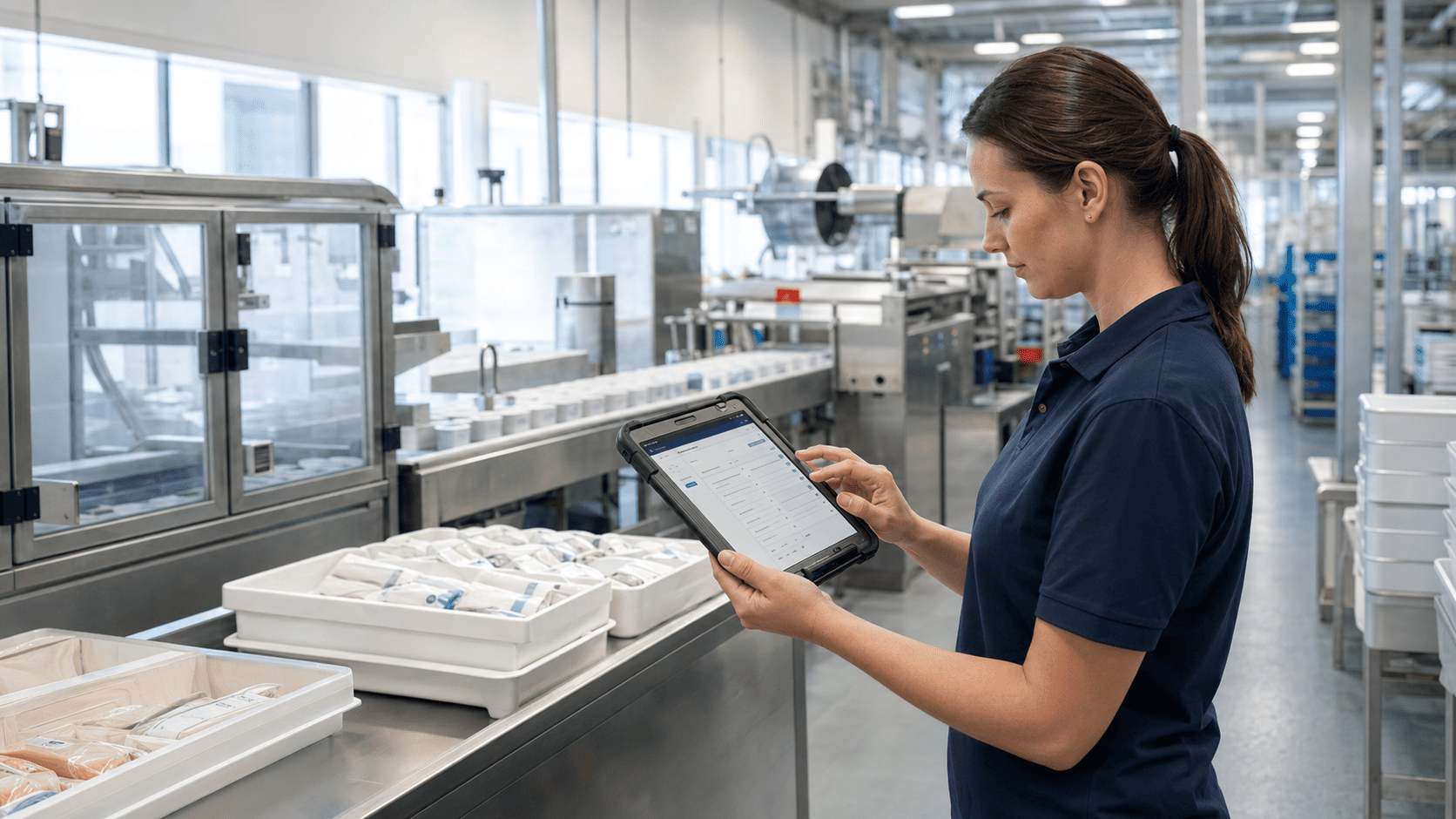 An operator using a tablet to manage a digital production process.