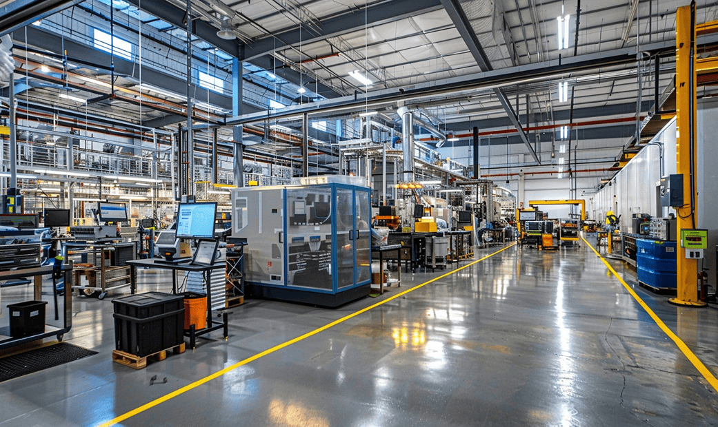 Connected industrial factory floor with production machines, equipment and operational workstations.