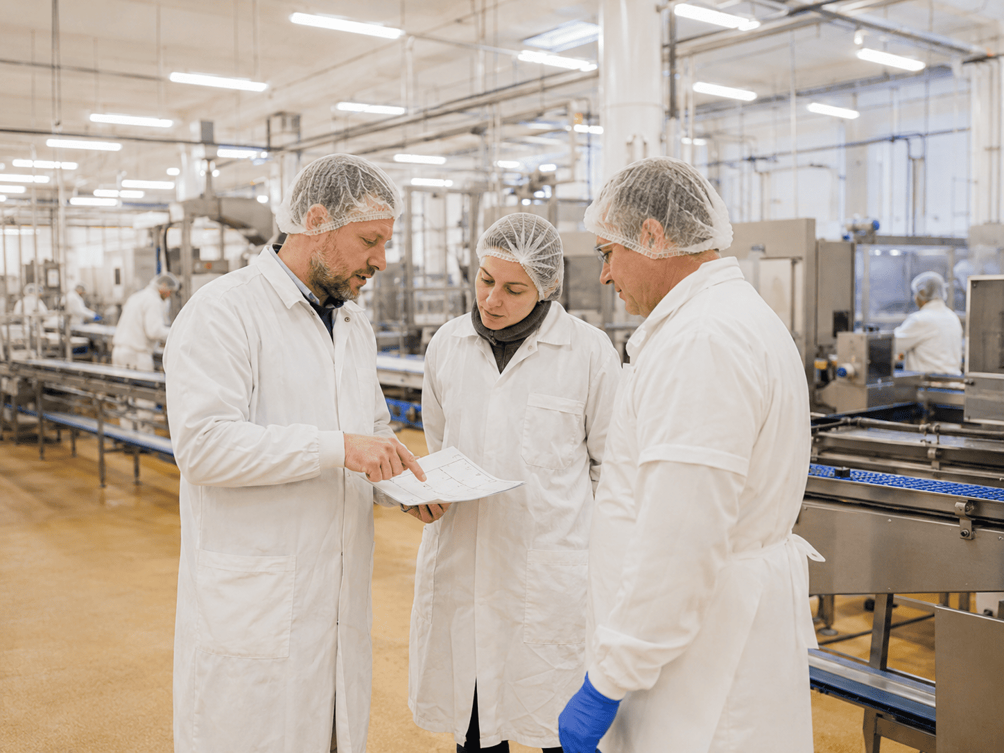 Consultants and production specialists reviewing a process together on the factory floor.