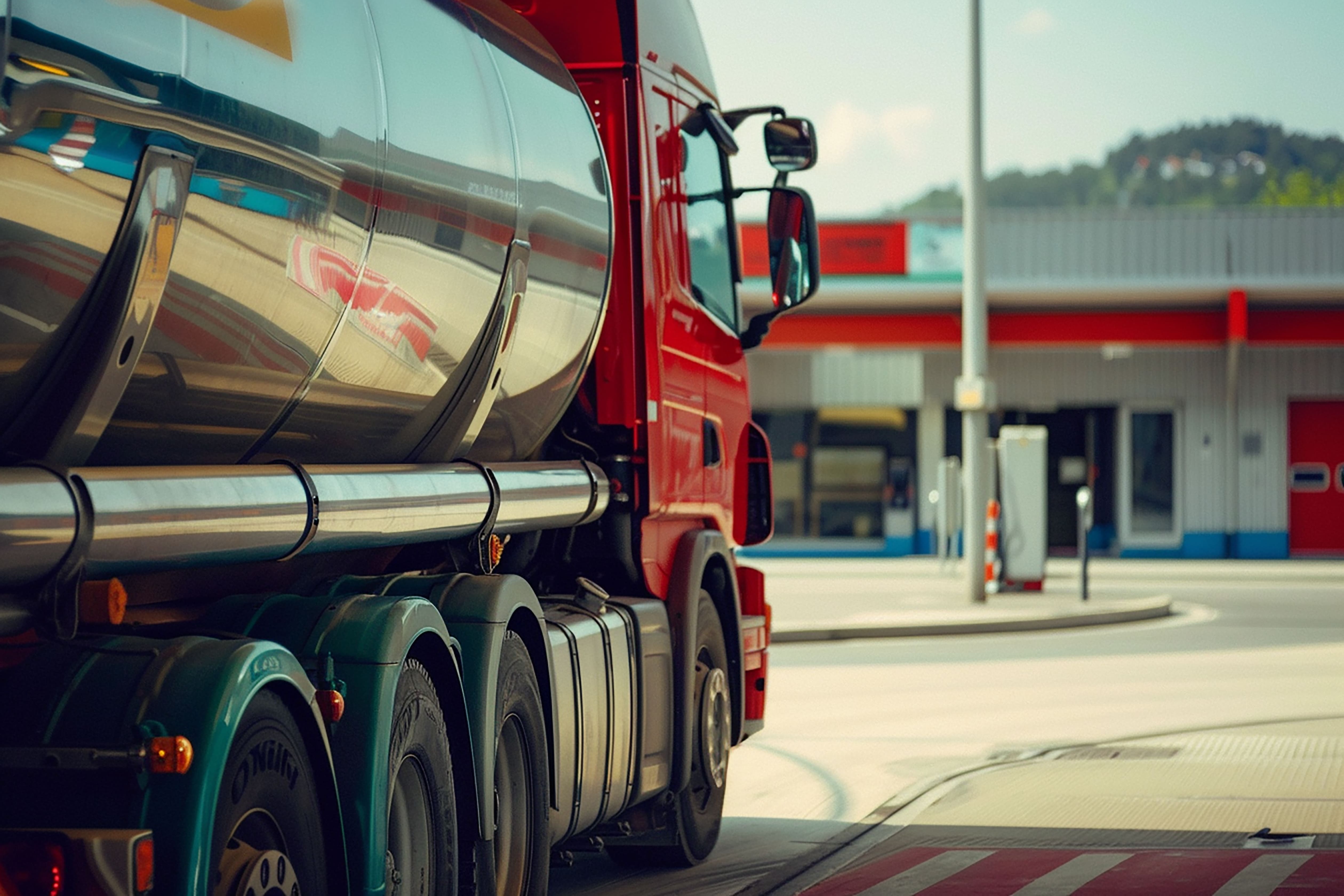 Fuel delivery truck at a logistics facility.