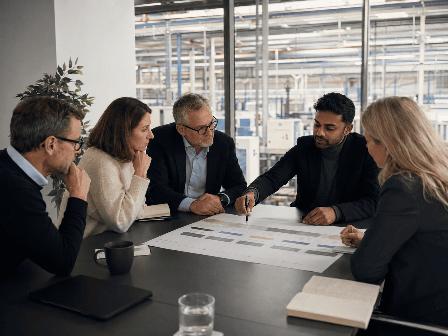 A leadership team discussing an operational roadmap during a workshop.