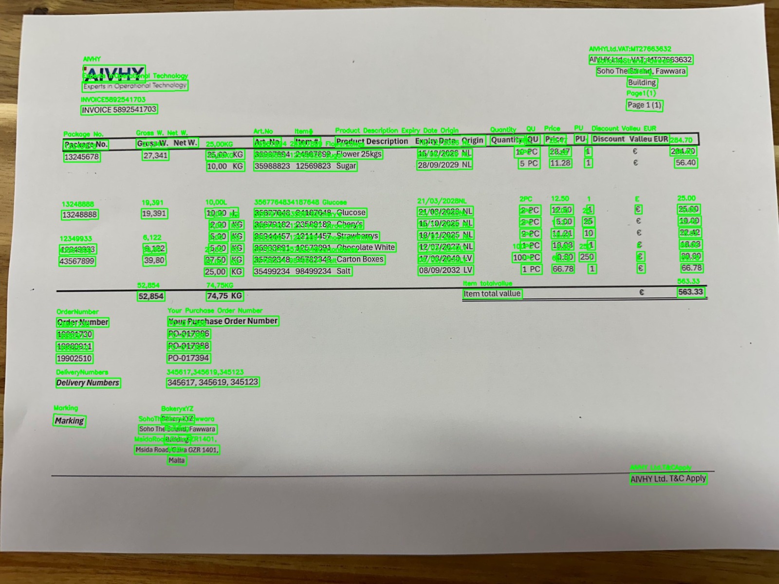 Document with detected fields highlighted by an automated reading system.