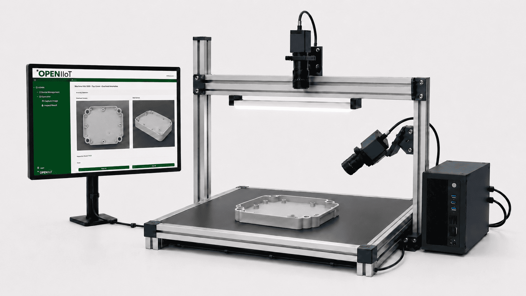 Configurable Aivhy Vision pilot station with cameras, controlled lighting, processing unit and inspection monitor.