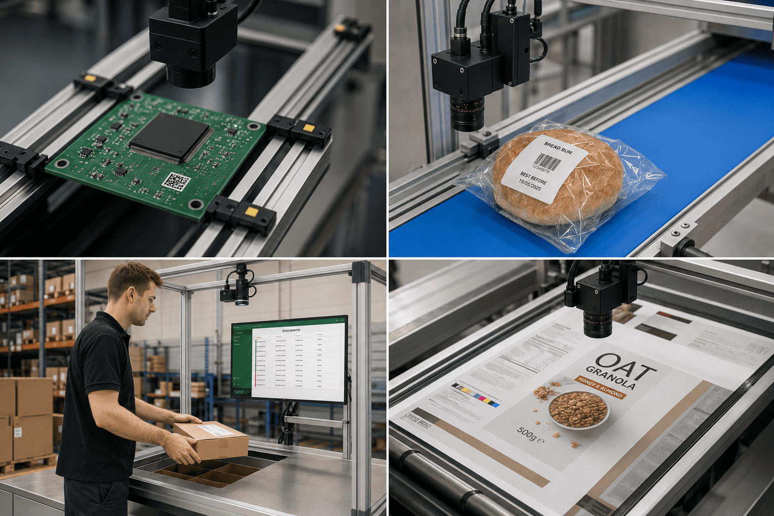 Four operational vision use cases: electronics inspection, label reading, warehouse verification and printed packaging inspection.