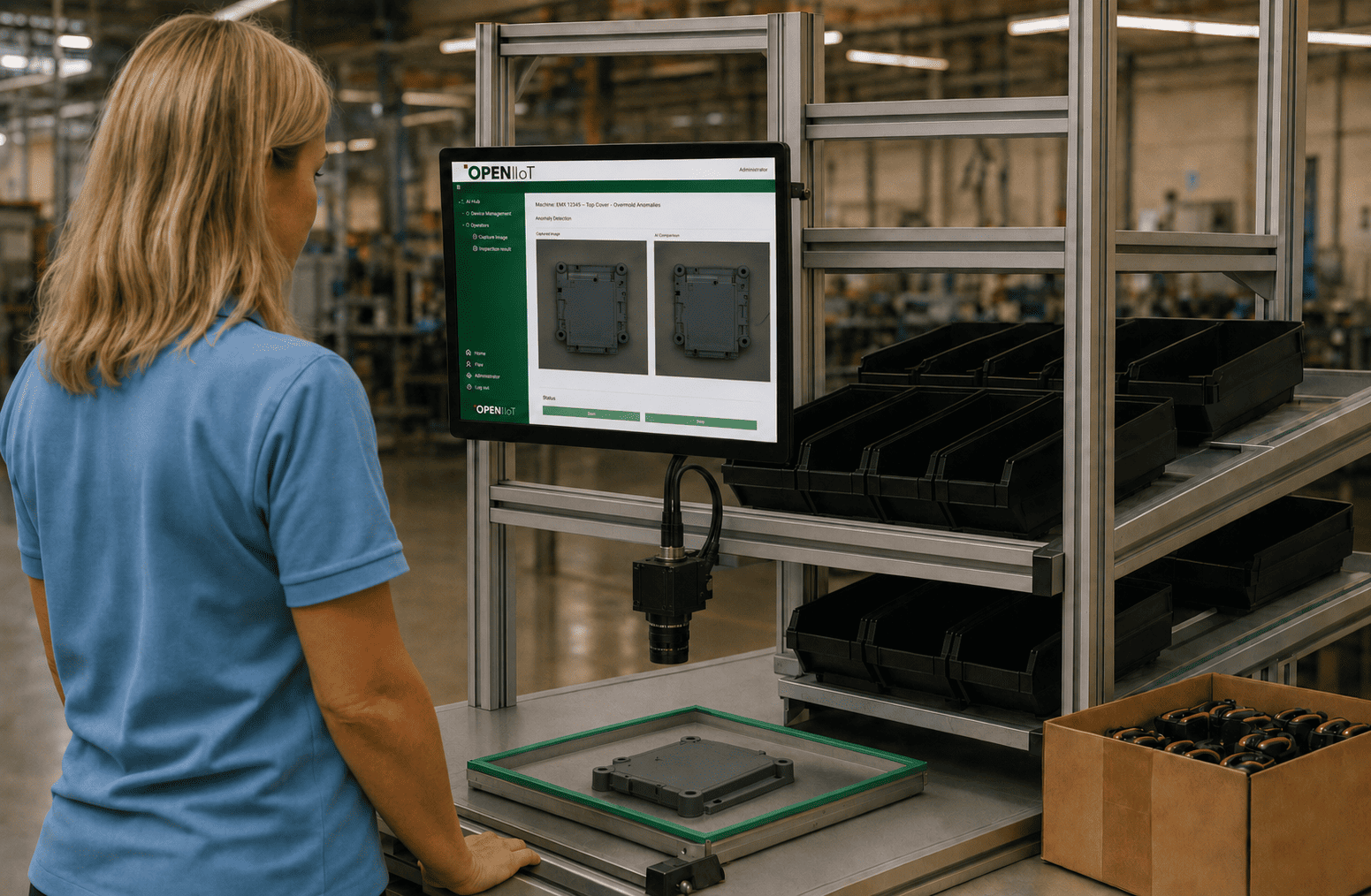 Production operator using an Aivhy Vision quality workstation beside an inspection camera and parts bins.