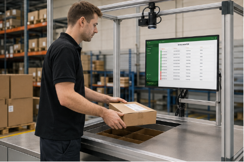 Operator registering a package at a camera-equipped digital workstation.
