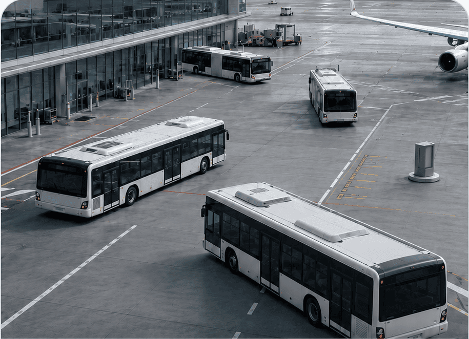 Passenger buses and ground-service vehicles operating across an airport apron.