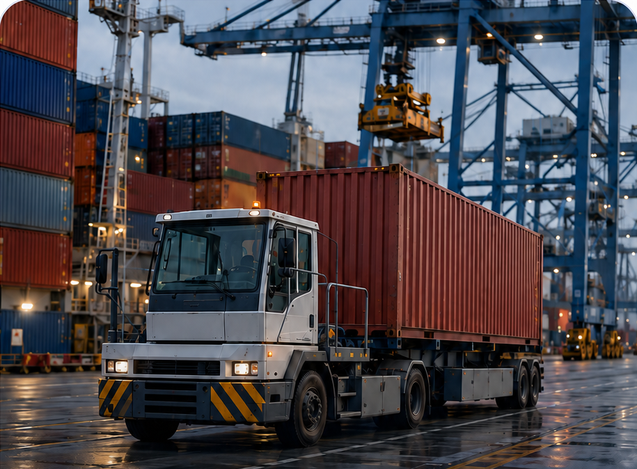 Container-handling vehicle moving freight through a busy port terminal.