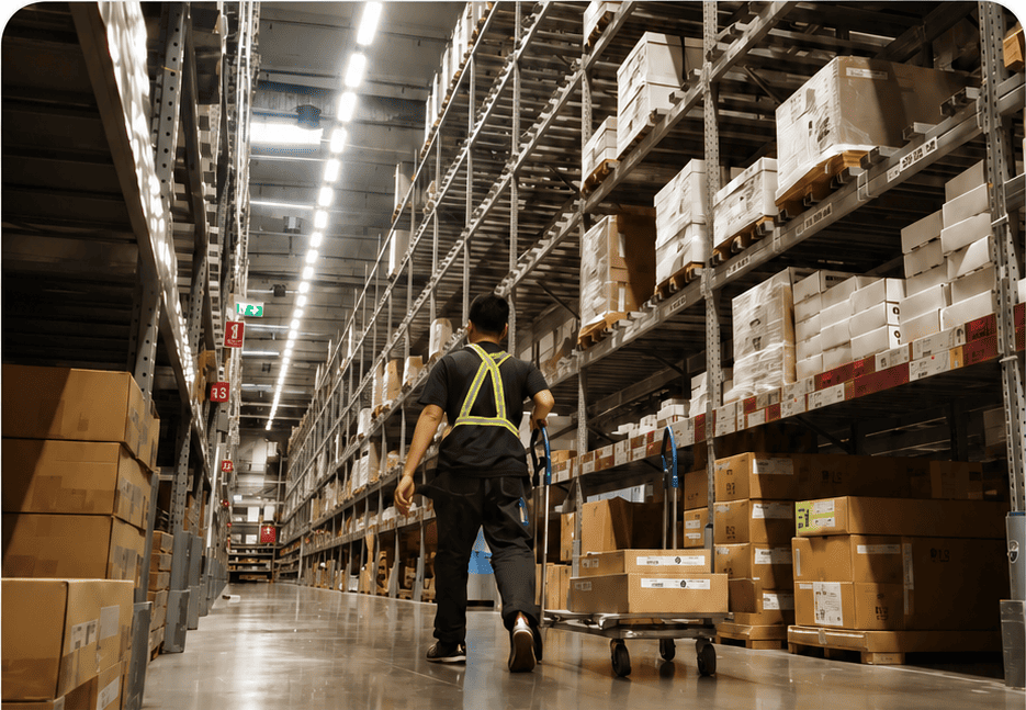 Warehouse operator moving goods through a stocked warehouse aisle.