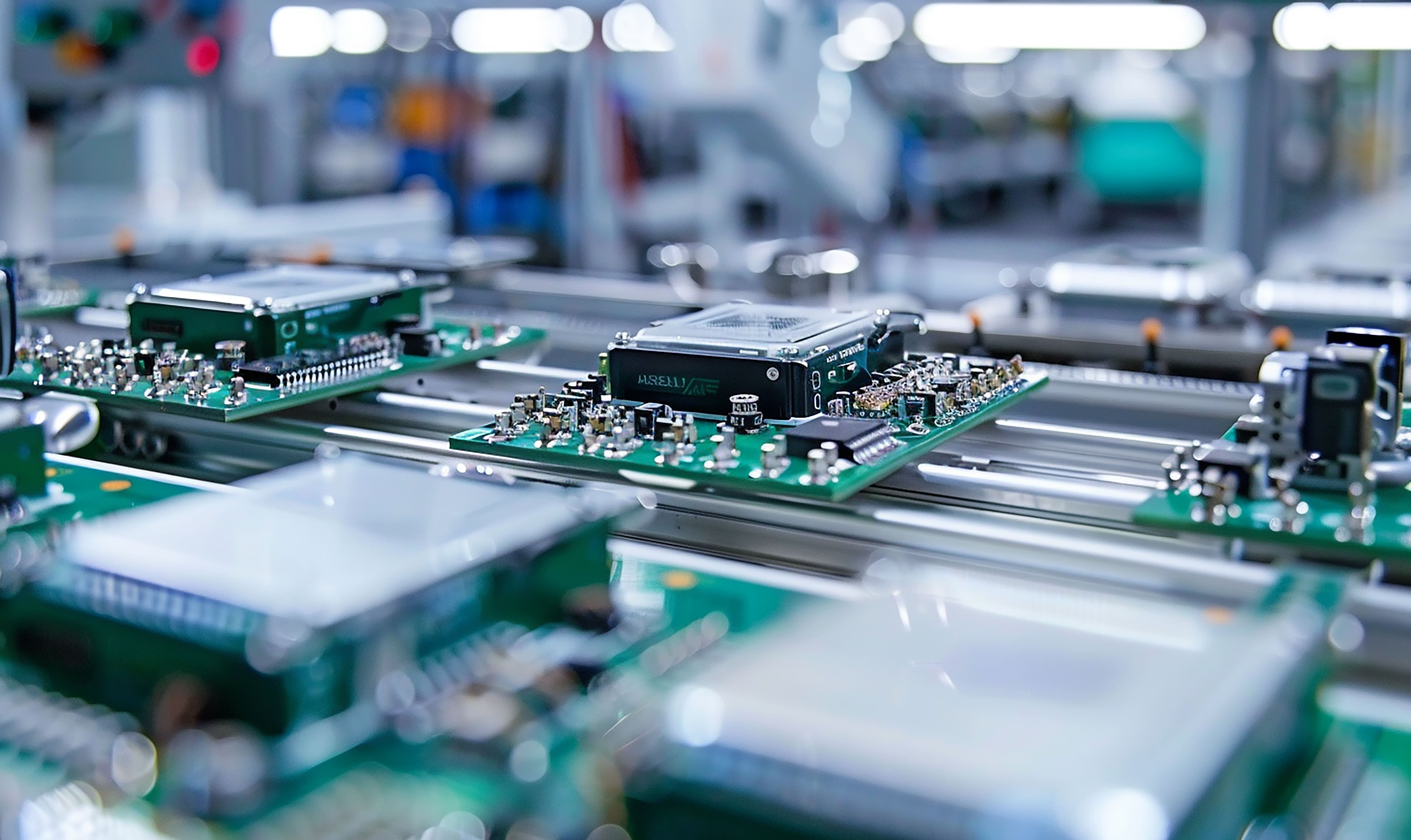 Electronics production boards moving through an automated assembly line.