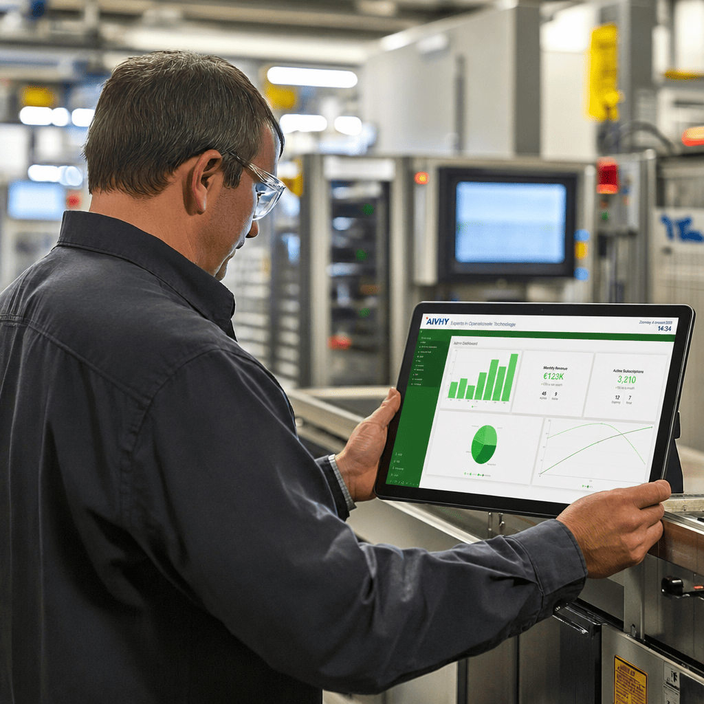 Production operator reviewing live operational data on a tablet.
