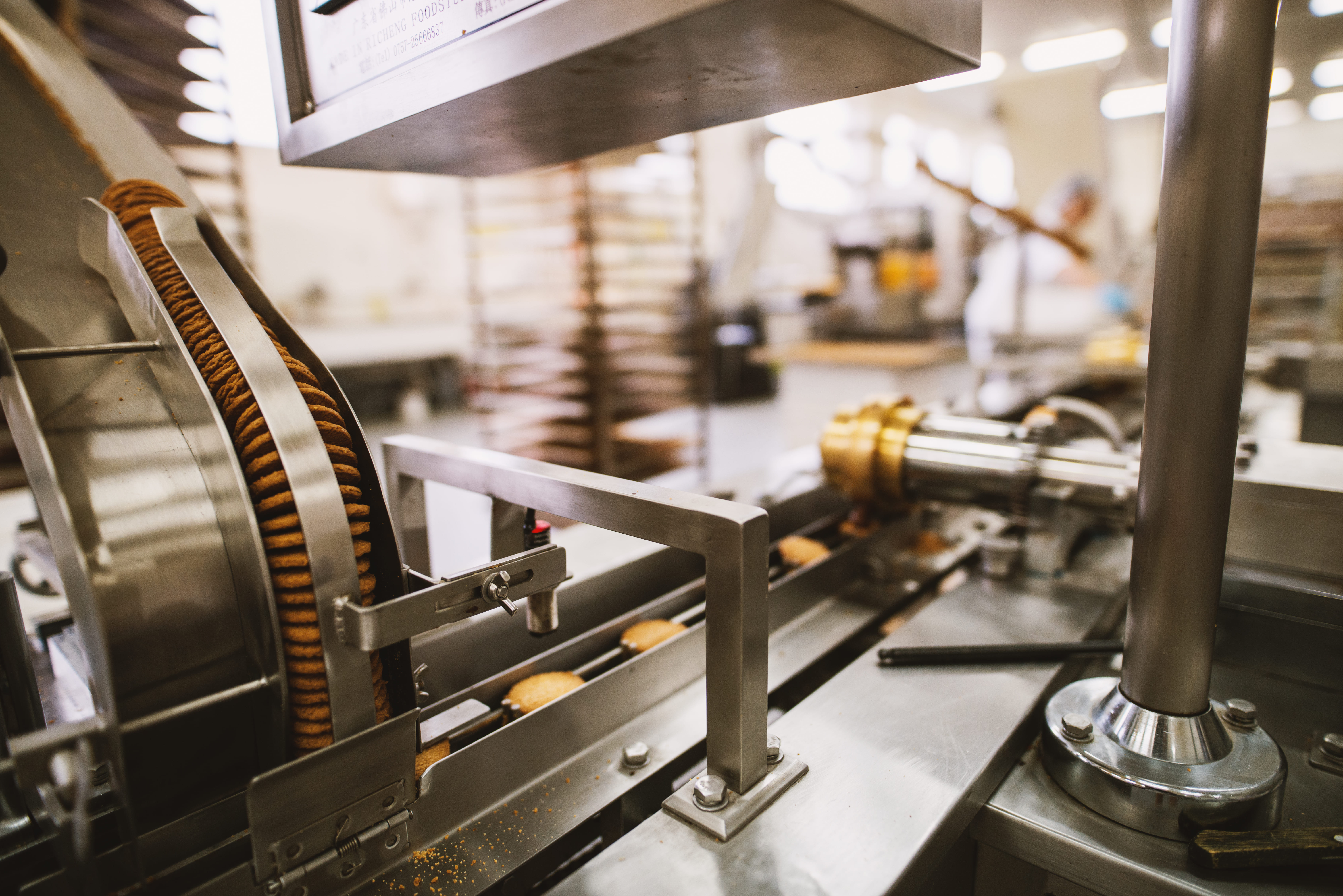 Industrial bakery equipment moving baked products through production.