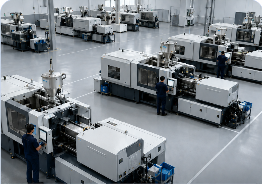 Injection moulding machines operating across a plastics production floor.