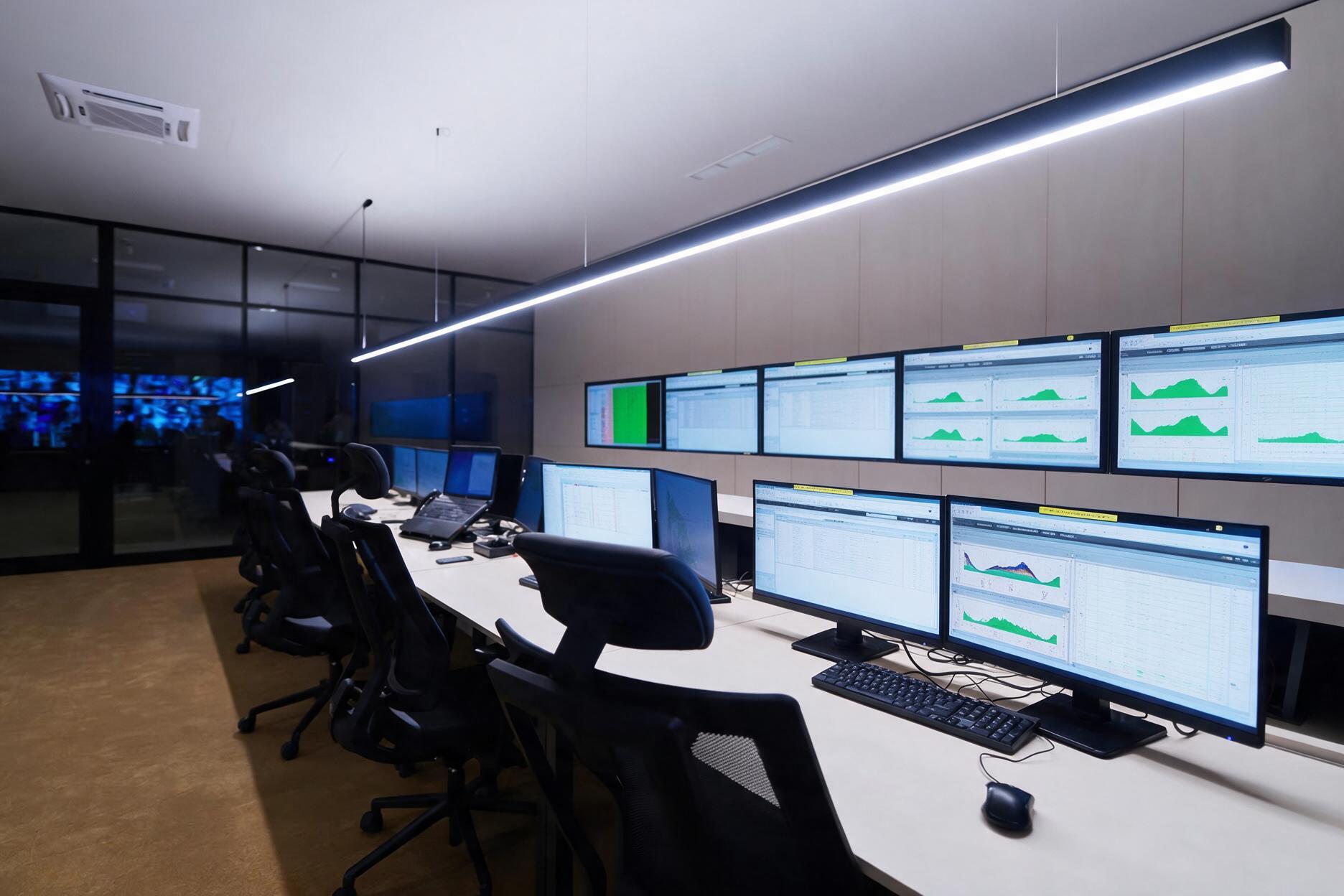 Operational monitoring room with dashboards showing system health and availability.