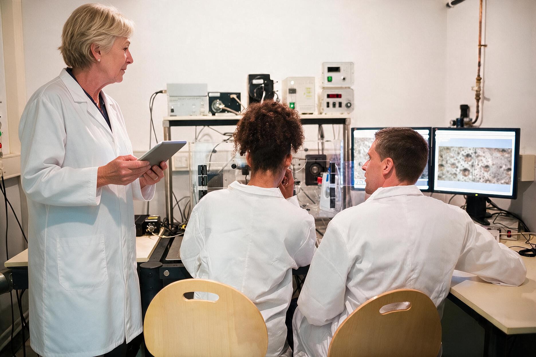 Laboratory team reviewing quality information and microscope imagery at a workstation.