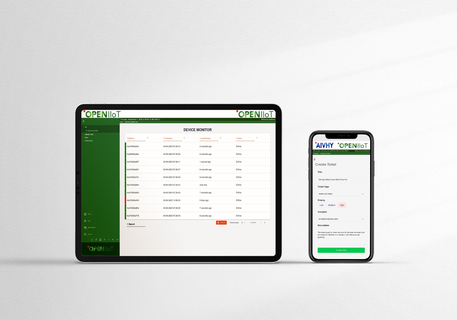 AIVHY BOS operational interfaces displayed on a tablet and mobile phone.