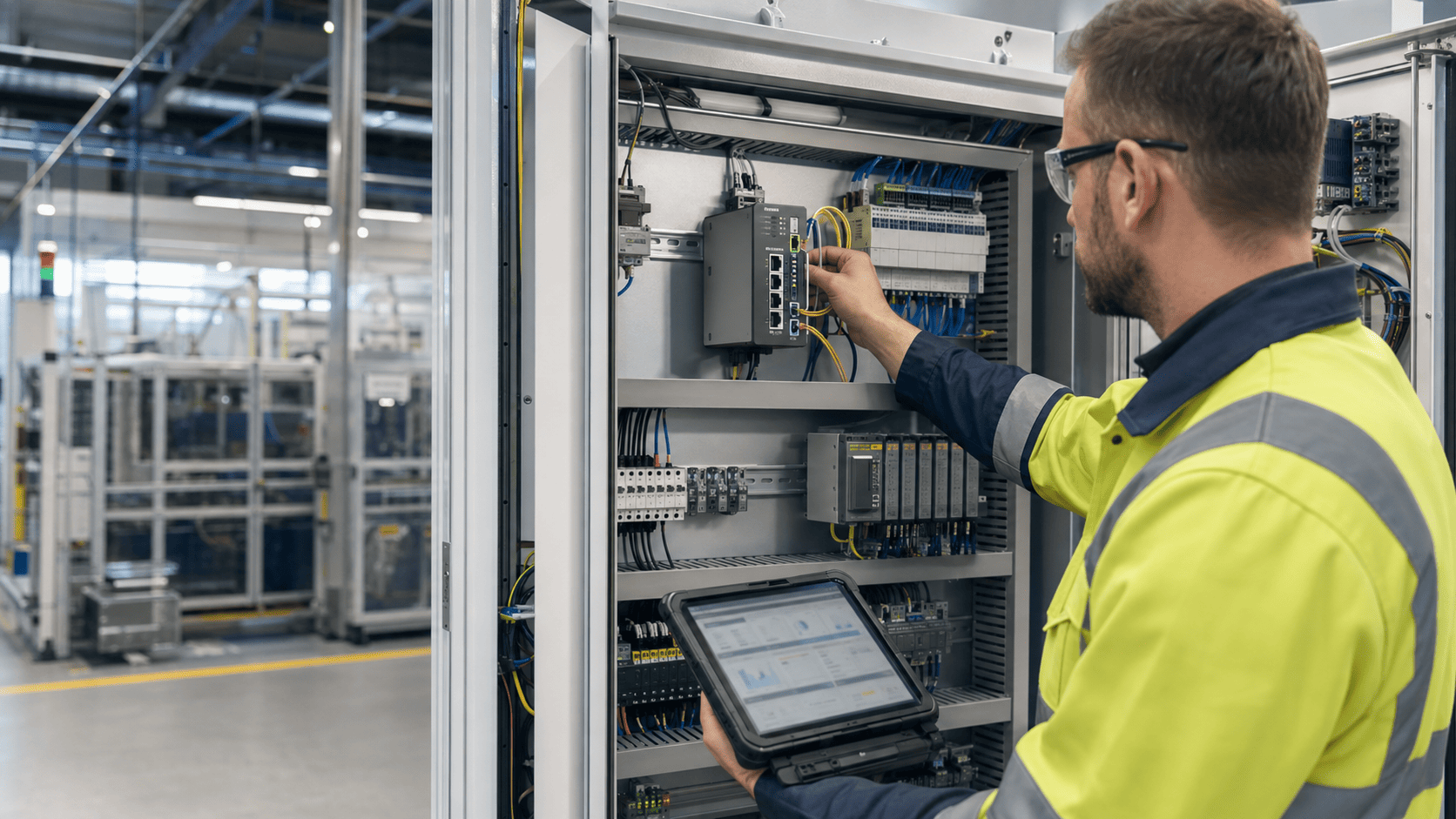 Internal technician managing secured industrial network infrastructure and connectivity.