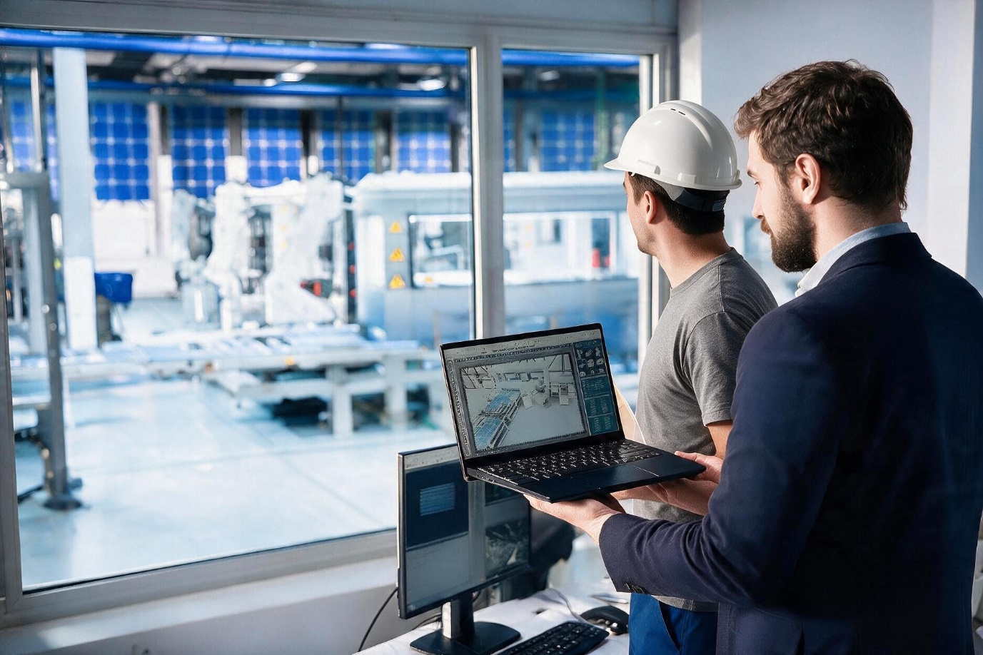 Engineering and operations colleagues reviewing production readiness on the factory floor.