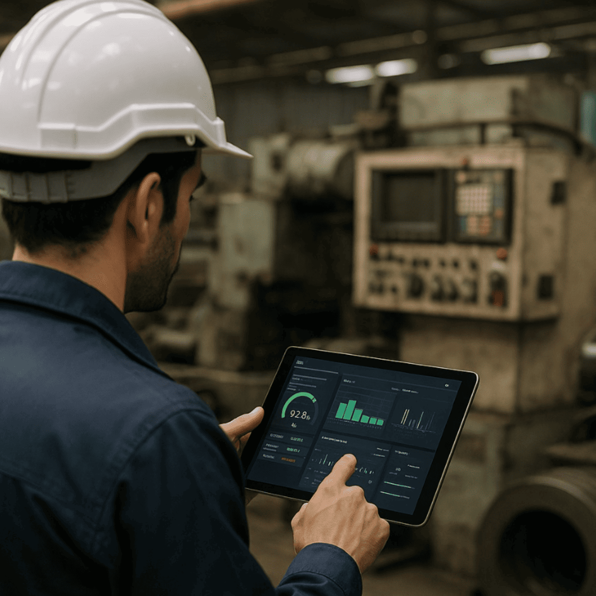 Technician reviewing maintenance information on a tablet beside production equipment.