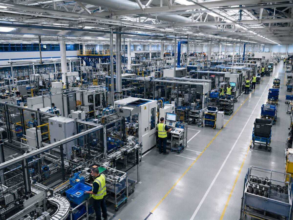 Connected factory operation with production equipment and material flow.