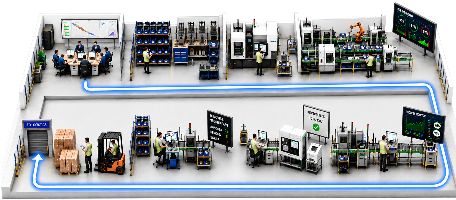 Connected production operation from planning and readiness through execution, inspection, rework and finished goods handover.