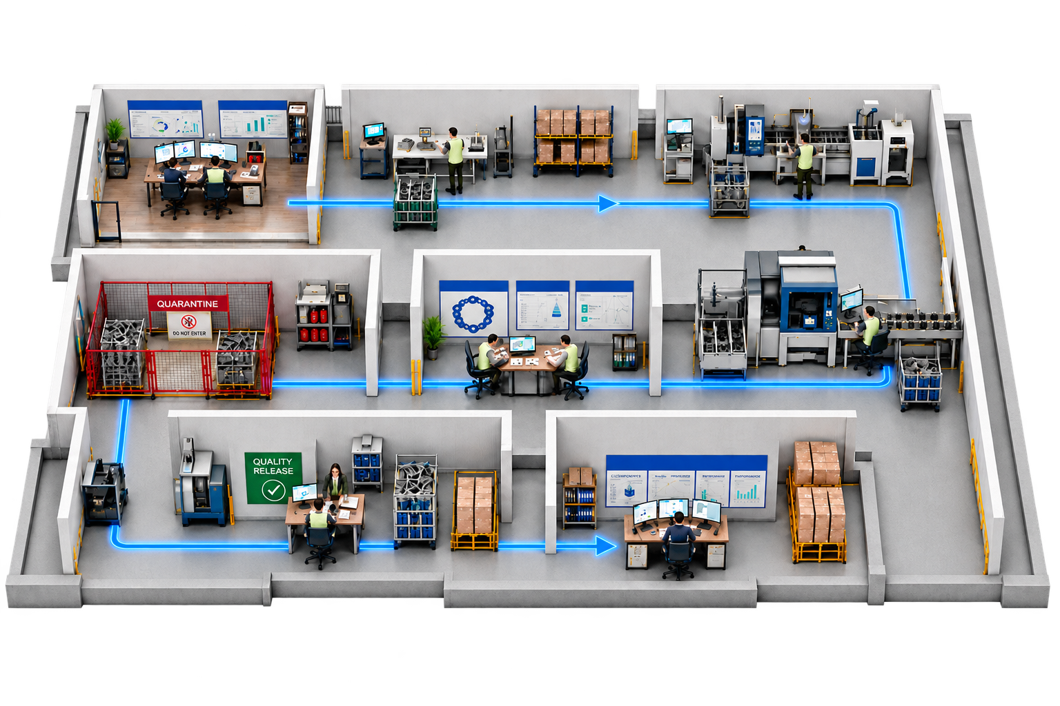 Connected quality operation from planning and incoming inspection through process control, corrective action, release and customer traceability.