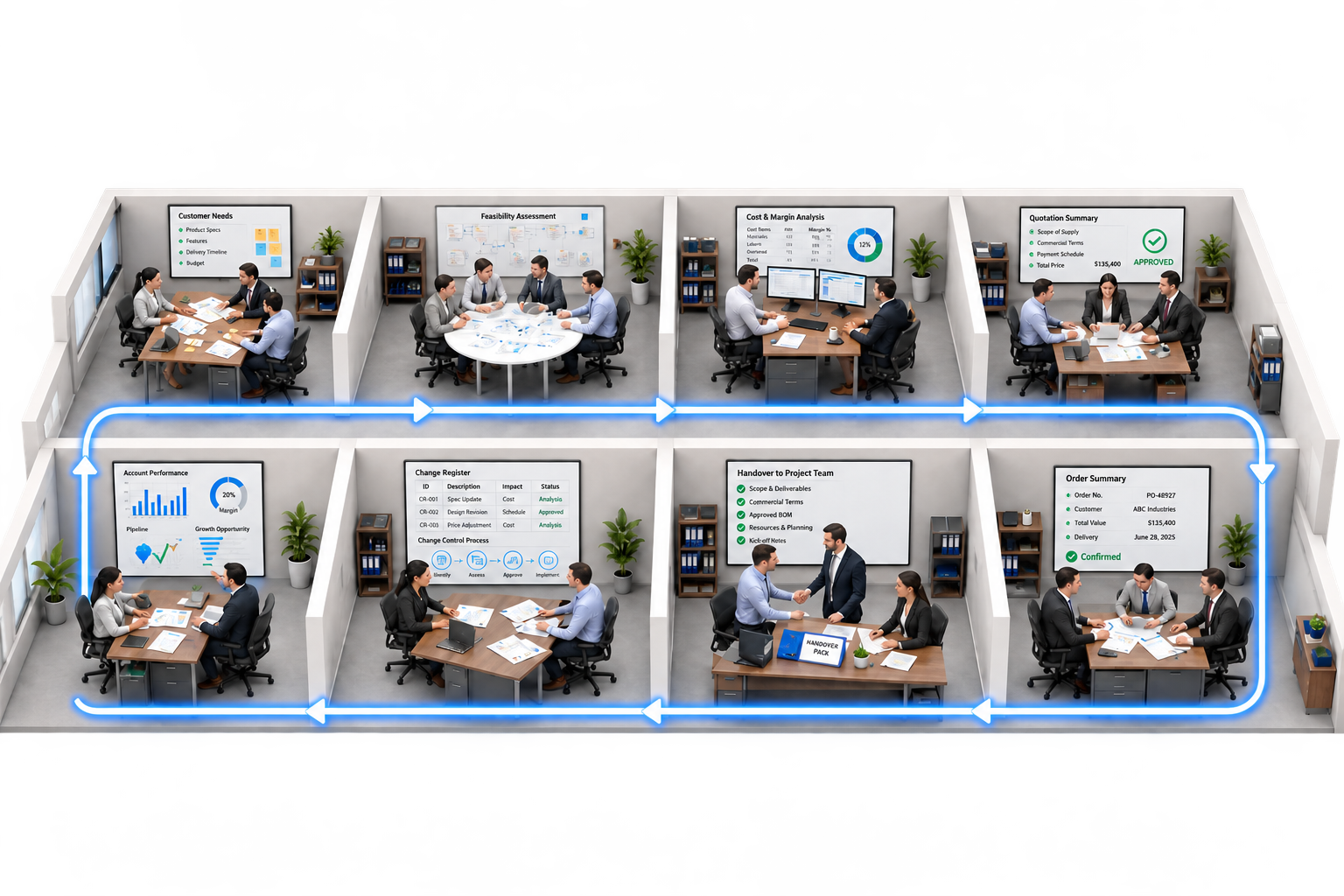 Connected commercial operation from customer requirements and feasibility through costing, quotation approval, order review, execution handover and account growth.